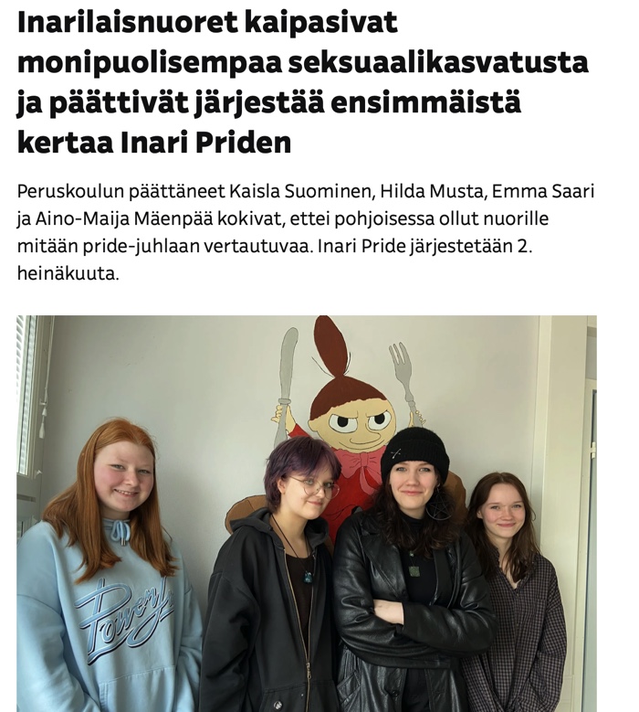 Aino-Maija Mäenpää, Emma Saari, Kaisla Suominen ja Hilda Musta ovat ahkeroineet Inarin nuorisovaltuustossa edistääkseen seksuaali- ja sukupuolikasvatusta. Kuva: Xia Torikka / Yle